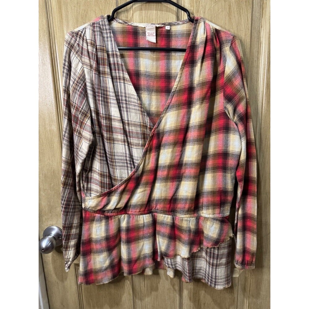 Sundance Women’s M Plaid Cotton Wrap Surplice Peplum Ruffle Boho Top Blouse